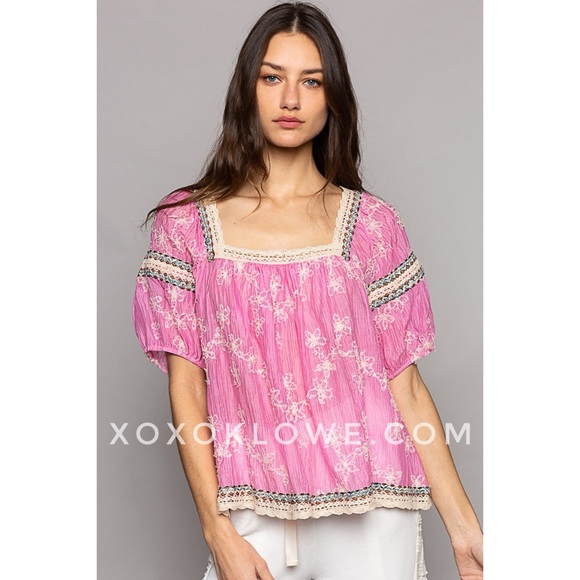 POL Pink Floral Embroidered Square Neck Half Sleeve Chiffon Top - Picture 9 of 15